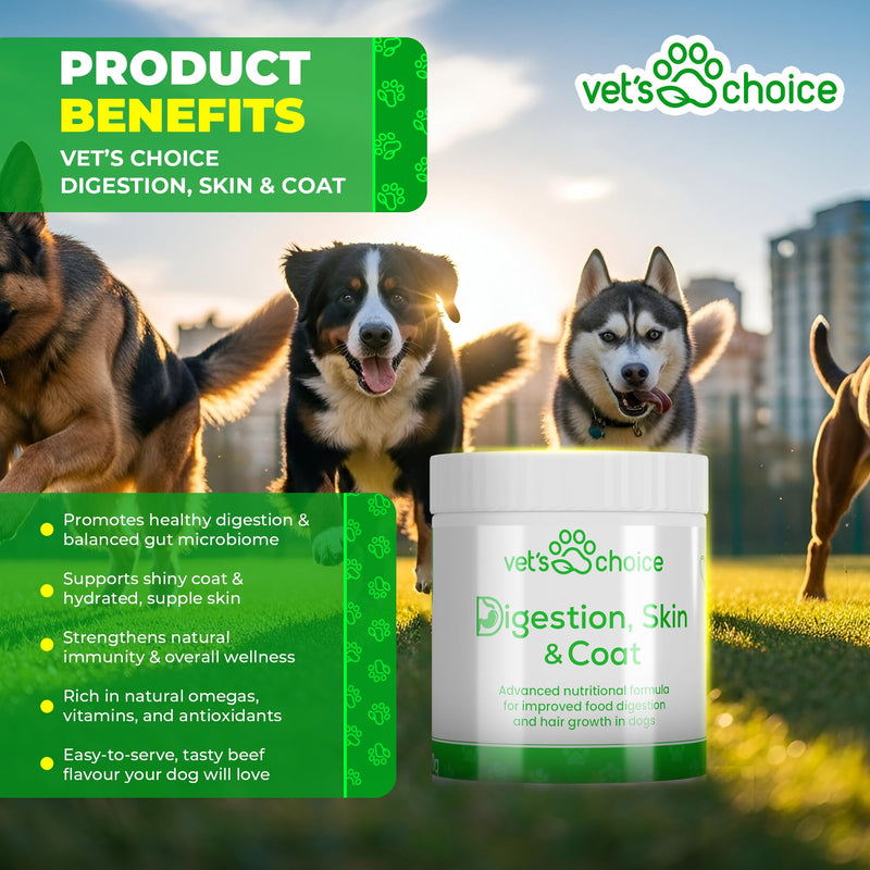 Dog Digestion Supplement - Digestion, Skin & Coat Powder - 270g | Vet's Choice - GMP Certified | Digestive balance, skin & coat maintenance | UK Made Dog Supplement, Mix in with Food (Beef Flavour)