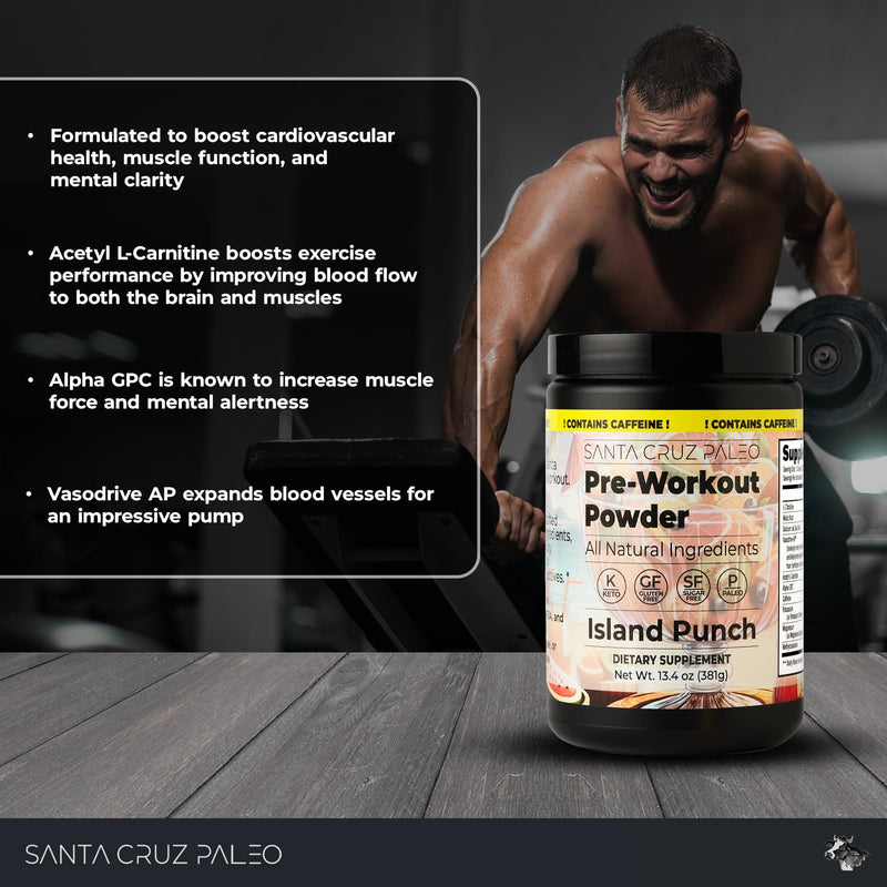 Santa Cruz Paleo Natural Pre Workout Powder, Island Punch, Keto Preworkout Electrolytes with Magnesium, Potassium, L-Citrulline, 150mg Caffeine, Sugar-Free Drink Mix for Energy & Hydration,30 Servings CAFFEINATED Island Punch - BeesActive Australia