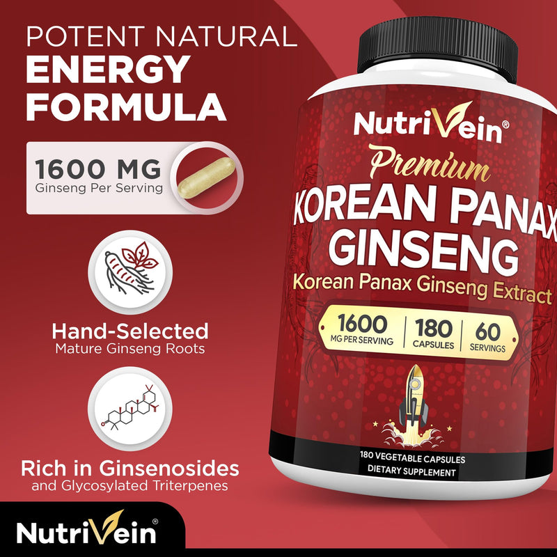 Nutrivein Korean Red Panax Ginseng 1600mg ‚Äì Extra Strength Formula ‚Äì 180 Capsules ‚Äì Boost Energy, Mental Focus & Immune Health Naturally - BeesActive Australia