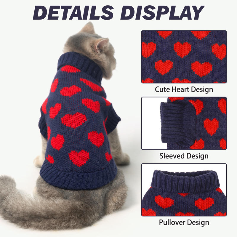 KOOLTAIL Cat Sweater Turtleneck- Soft Knit Cat Sweaters for Cats Only, Cat Christmas Sweater Red Heart Love Pattern Thick Warm Cold Weather Clothes for Small Medium Large Size Kitten Puppy Navy M - BeesActive Australia