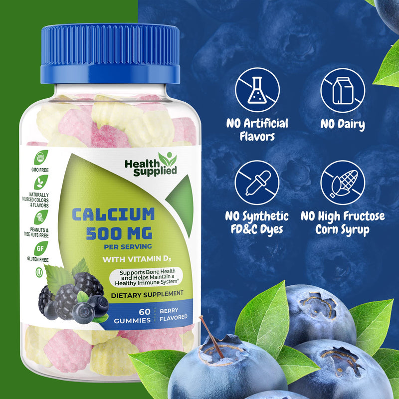 Health Supplied Calcium 500mg with Vitamin D3 1000 IU Gummies | Daily Dietary Supplement | Bone Strength, Growth, Teeth | for Adults, Teens, Kids | Great Tasting Natural Berry Flavor Vitamin Gummy 60 Count (Pack of 1)