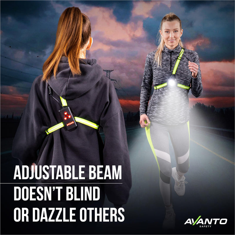 AVANTO Triple Beam Chest Lamp, Original, 500 Lumen LED Night Running Lights for Runners, Dog Walking Light, Long 5-7h Usetime, USB-C Rechargeable Battery, Running Headlamp, Reflective Vest Yellow Straps_NP