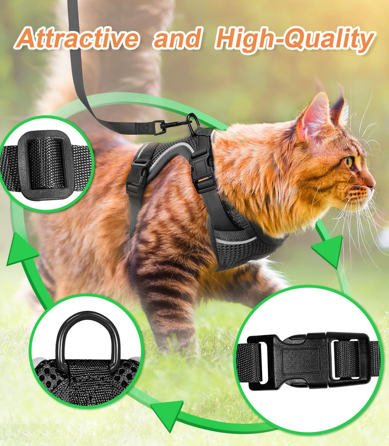 Cat Harness and Leash Set [ MAX Safety Third Generation ] Escape Proof Soft Adjustable Cat Leash Breathable Comfortable Vest Easy to Wear Kitten Harness for Outdoor Walking Black H200 Pro Black Medium - BeesActive Australia
