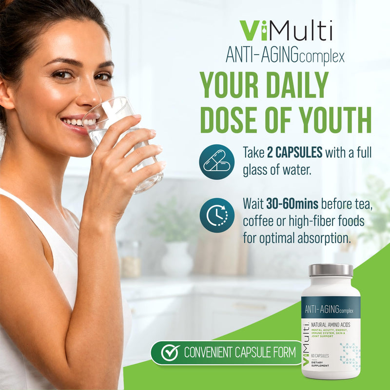 ViMulti Anti-Aging Complex - Amino Acid Dietary Supplement - 60 Capsules | Joint And Cellular Wellness, Daily Vitality, Skin Elasticity, Formulated With Multiple Amino Ingredients, 2 Capsules Daily 60 Count (Pack of 1)