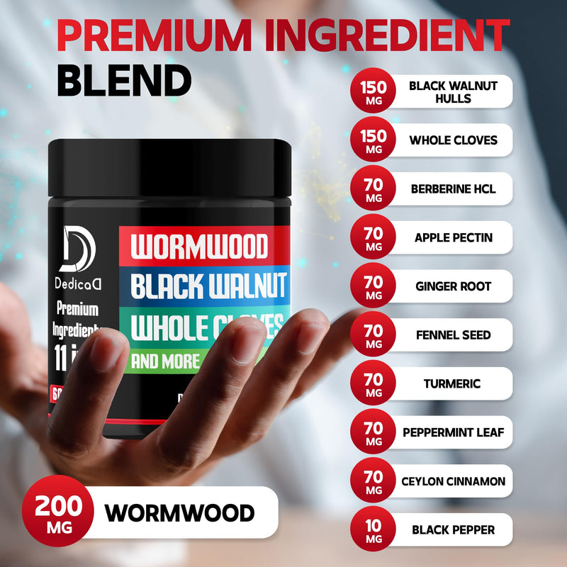 Wormwood Capsules Supplement - Extracted from Black Walnut, Cloves, Turmeric, Apple, Berberine HCl & More - 11 Ingredients Combined for Immune System, Body Management - 60 Capsules