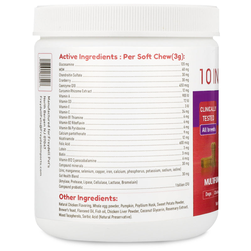 Freydell Pets 10-in-1 Multivitamin Dog Supplement – Glucosamine & Chondroitin Joint Support, Probiotics for Gut Health, Omega Fish Oil Skin & Coat, Immune & Allergy Support Vitamins (120 Chews)