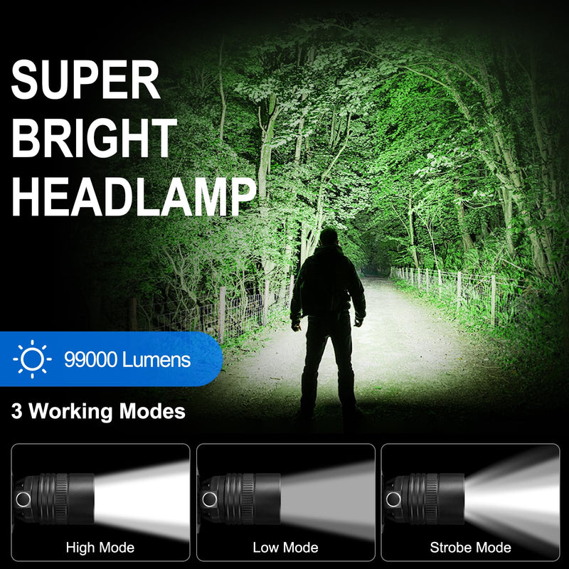 Rechargeable Headlamp 2Pack, 99000 Lumens Super Bright LED Head Lamp with 3 Modes, 90° Adjustable Head Lights for Forehead, 45H Long Runtime & IPX6 Waterproof HeadLamps for Camping Hunting Hiking 2