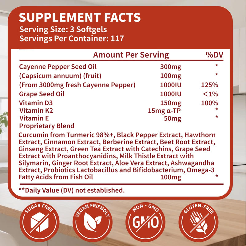 20-in-1 Organic Cayenne Pepper Capsules Supplement 7000mg | 350 Softgels | with Organic Vitamins D3 K2 E, Curcumin, Berberine, Probiotics & Omega-3 | Supports Circulation,Digestive & Bone Health