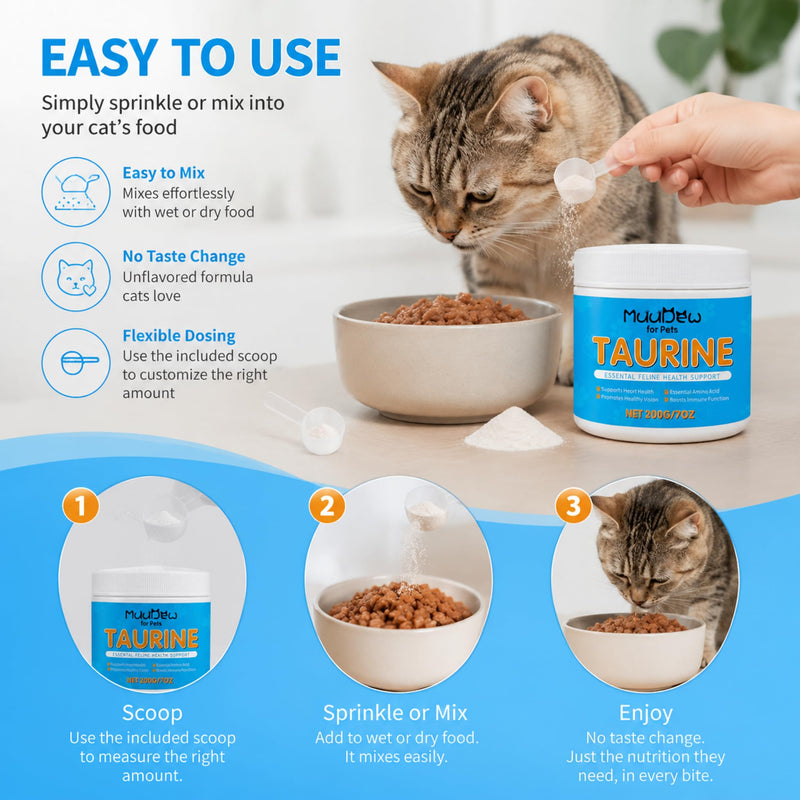 Taurine for Cats, Cat Taurine Supplement for Heart, Vision, Skin & Coat and Immune Support Unflavored Taurine Powder for All Ages Including Kittens – 7 oz