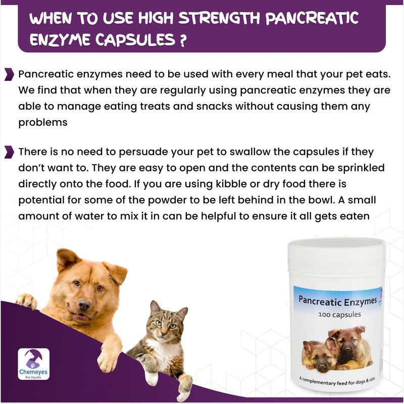 High Strength Pancreatic Enzyme Capsule for Dogs & Cats by Chemeyes - Digestive Enzyme Supplement with Amylase, Protease & Lipase - Pancreatin Supports Normal Digestion & Healthy Weight - 100 Capsules