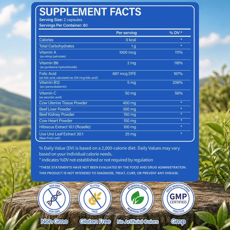 Beef Organ Supplements for Women, Grass-Fed Pasture-Raised, 120 Capsules | With liver, kidney, heart and uterine tissue plus iron and vitamin nutrients for daily wellness support