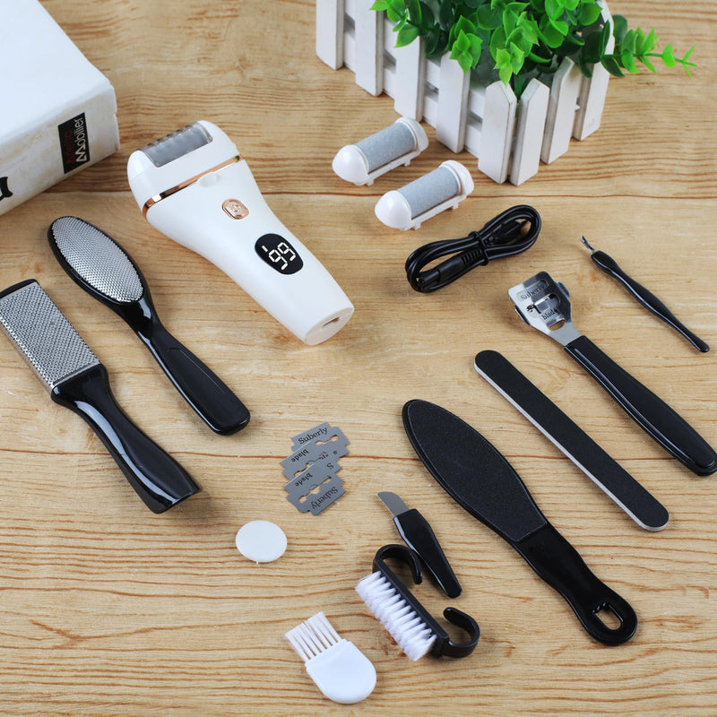 Electric Callus Remover for Feet, 17-in-1 Professional Pedicure Kit, Foot Scrubber Electric Foot File for Hard Cracked Dry Dead Skin, 3 Rollers, 2 Speed, Battery Display White-0001 1.0 - BeesActive Australia