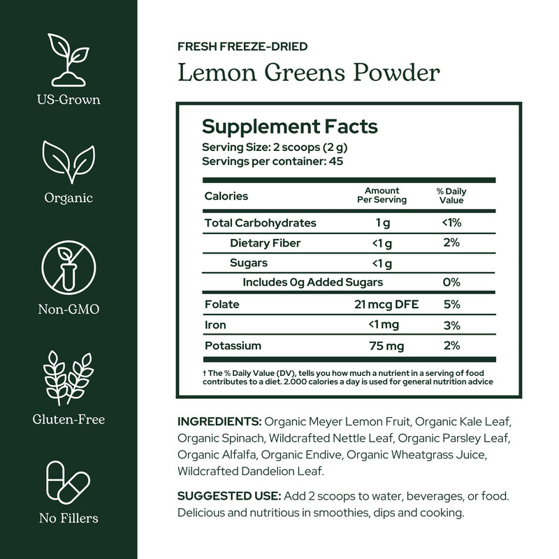 Eclectic Herb - Lemon Greens Powder Supplement | Immune + Detox Support | Nutritional Support, Vitamins + Minerals | Superfood Powder + Daily Greens Drink Mix | Non-GMO, Vegan (3.2 oz | 90 g)