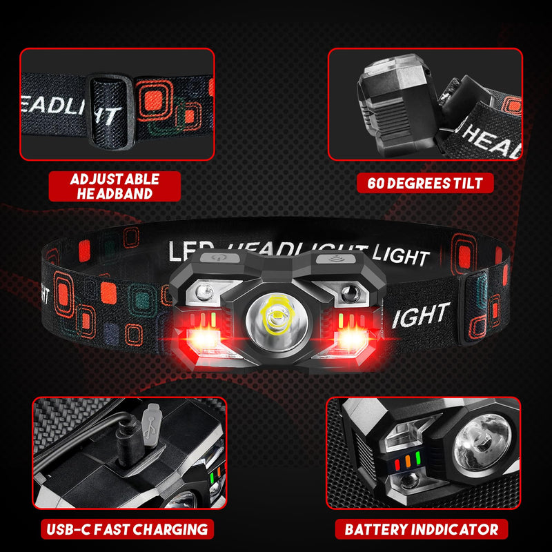 Headlamp Rechargeable 6Pack, 3000 Lumen Ultra-Light Bright Headlamp Flashlight with White Red Light, LED Headlight Motion Sensor, 5+5 Mode for Outdoor Camping Fishing Running Hiking (6) 6