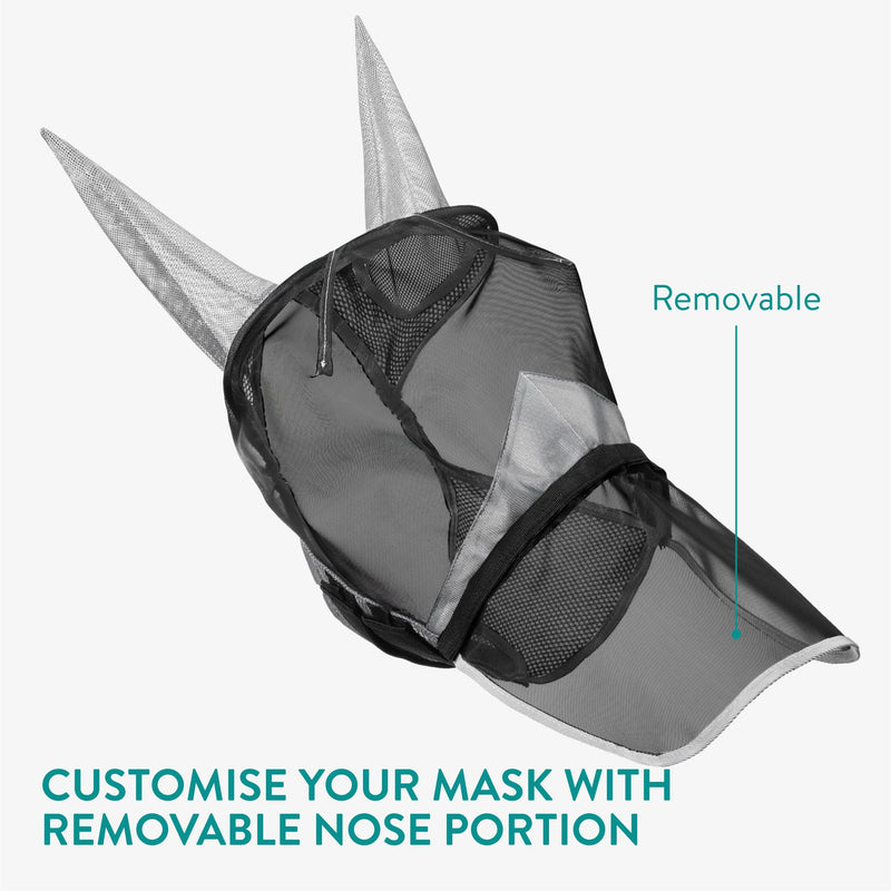 Navaris Medium Horse Mask - Comfortable Polyester Fly Guard Masks for Horses or Donkey - Includes Veil, Integrated Ears, and Removable Horse Nose Net - Gray Grey - BeesActive Australia