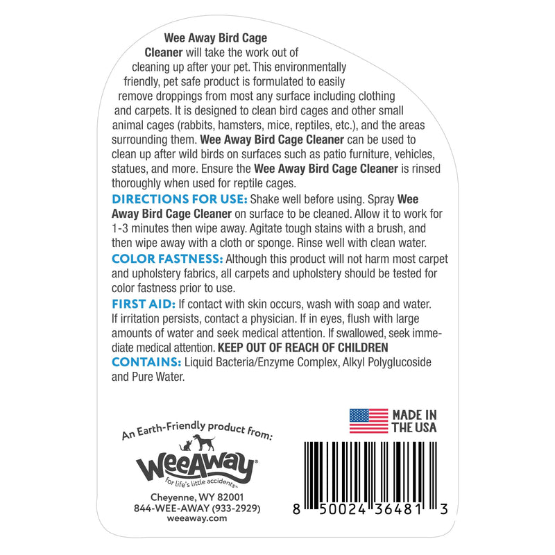 Wee Away Bird Cage Cleaner for Small Cages, Droppings Remover, Enzyme Cleaning Spray for Perches, Feeders, and Walls, Unscented, 16 fl oz 16 Fl Oz (Pack of 1)