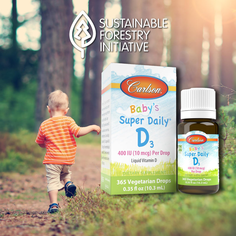 Carlson Baby's Super Daily D3, Baby Vitamin D Drops, Vegetarian, 365 Drops | Unflavored; 400 IU (10 mcg) per Drop; 1-Year Supply; Liquid Vitamin D Drops for Infants and Toddlers 0.35 Fl Oz (Pack of 1)