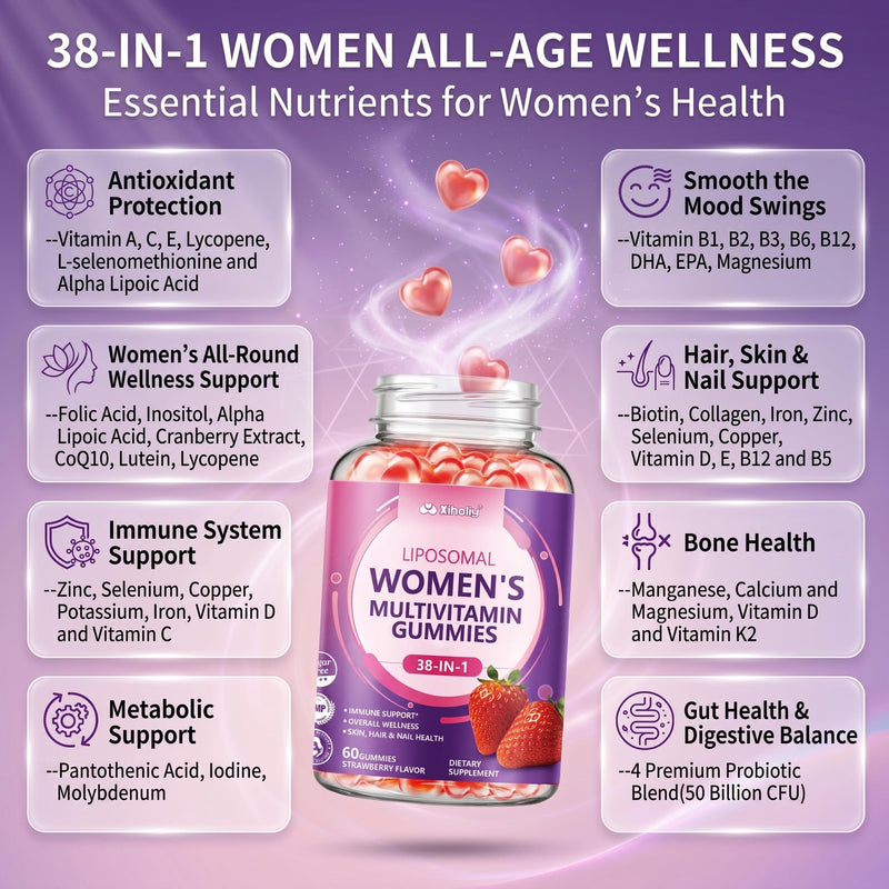 Multivitamin for Women Gummies, 38-IN-1 Chewable Vitamins for Adults | Daily Female Folic Acid Supplements with Iron, Collagen, Biotin, B complex, Inositol for Hair Skin & Nails, 60 Count