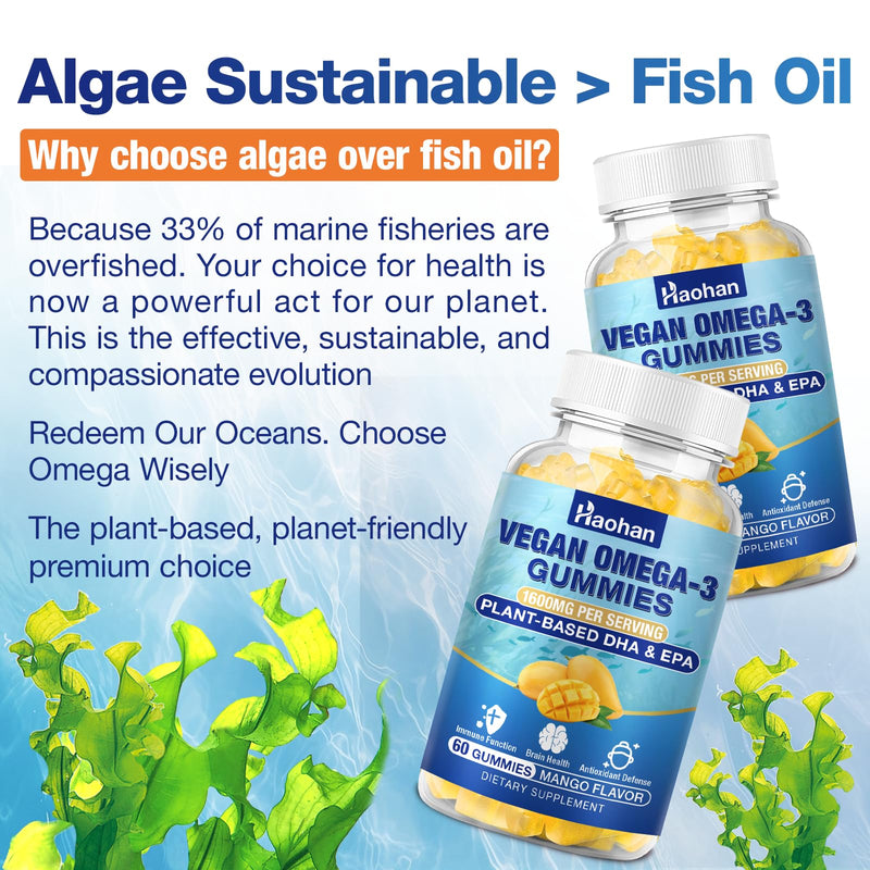 Omega-3 Gummies for Adults, Orange Flavor – Sugar-Free, Algae-Derived DHA 600mg & EPA 300mg, with Vitamins A, C, E, Zinc, 60 Gummies