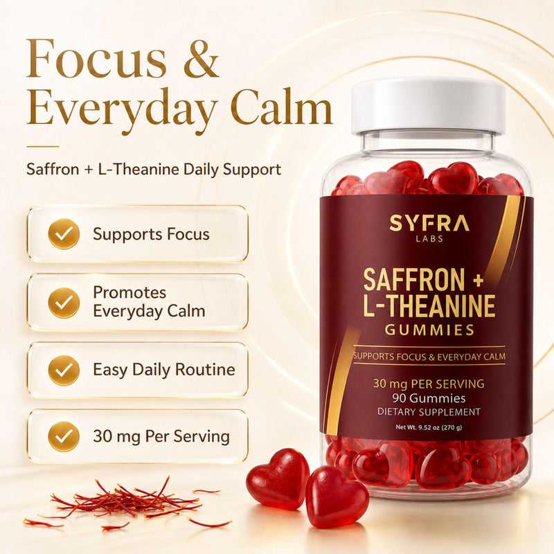 Saffron & L-Theanine Gummies – 200mg L-Theanine + 30mg Saffron Extract per Serving – Supports Calm & Focus – Sugar-Free, Vegan, Berry Flavor – 90 Gummies (45 Servings)