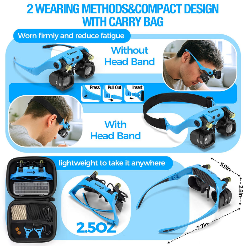 Rechargeable Magnifying Glass with Light 2X-23X,5 Pairs Lens Combos Blue