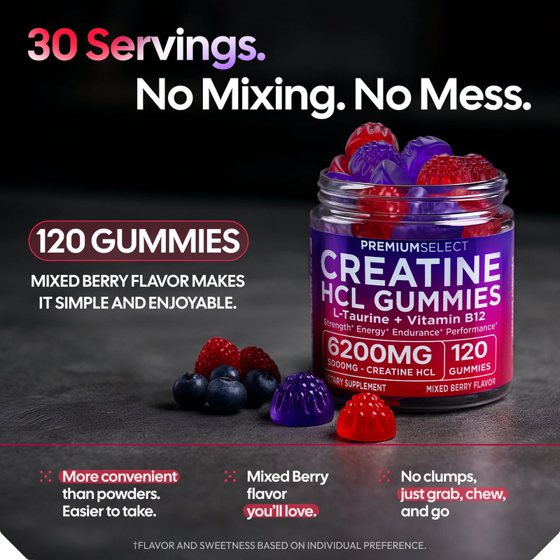 Creatine HCL Gummies for Women & Men - 120 Gummies 6200mg HCL Creatine Chews Advanced Complex with L-Taurine + Vitamin B12 for Muscle Strength, Energy Boost & Booty Gain Gummy - Mixed Berry Flavor
