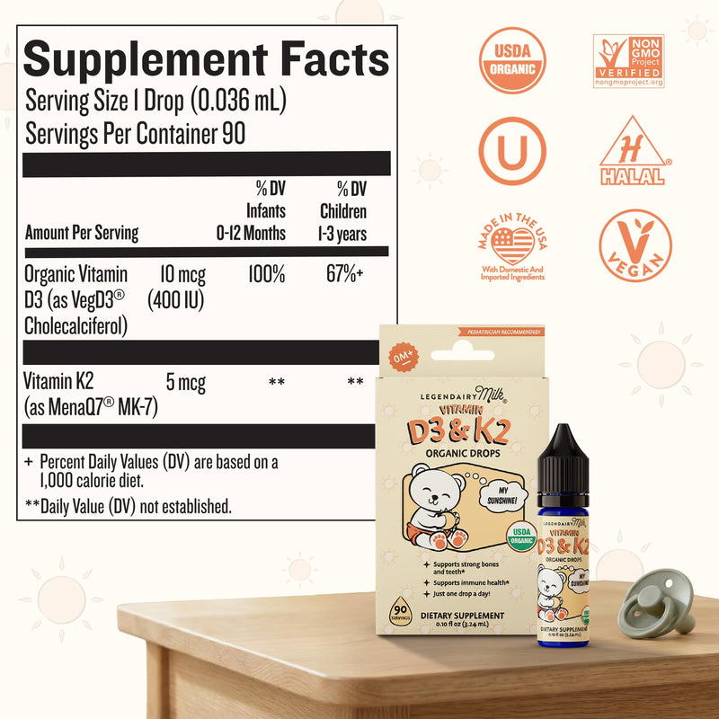 Legendairy Milk Organic Baby Vitamin D3 K2 Liquid Drops 400 IU 90 Servings | Plant based D3 plus K2 MK-7 for babies and toddlers in one daily drop; USDA Organic, vegan, sugar free and made lanolin-free.