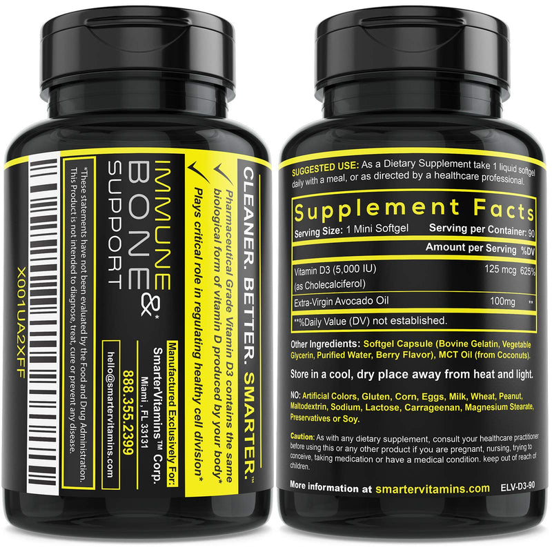 Vitamin D3 5000 IU with Avocado Oil, High Potency 125 mcg, 90 Mini Softgels | D3 in non-GMO avocado oil supports calcium absorption, immune function, strong bones, healthy teeth and muscle function. 1