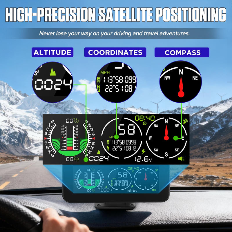 M60 Car Inclinometer for Off-Road SUV Vehicles, MPH KMH GPS Speedometer with Compass, Multifunctional Digital HUD Level Tilt Gauge Angle Slope Meter with Coordinate Display M60