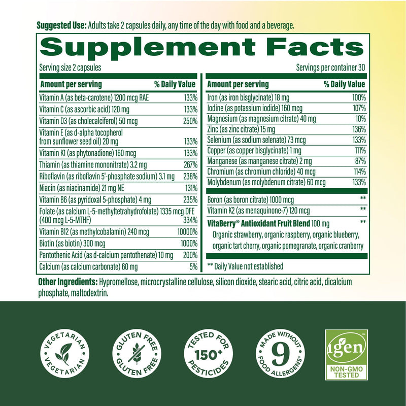 MegaFood Whole Body Multivitamin for Women with 25 Nutrients, 60 Capsules | Womens Multivitamin, Immune, Brain, Heart, Skin & Hair, Vitamin D3 K2, Magnesium Citrate, Folate, Biotin, Iron, 30 Servings