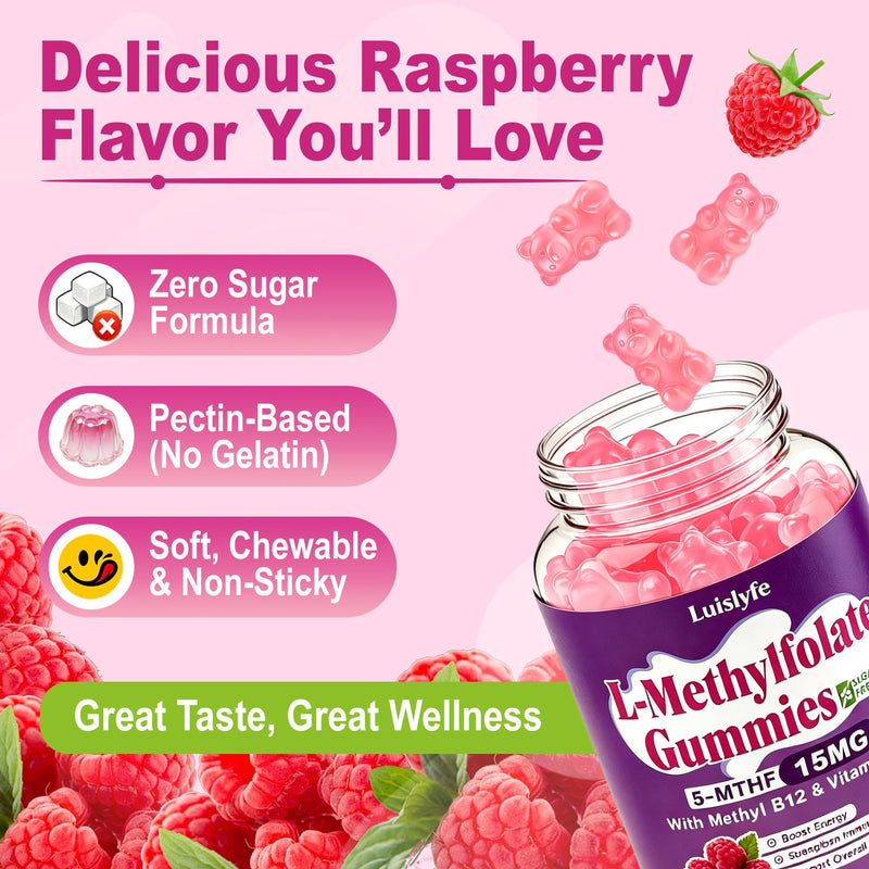 2 Pack L-Methylfolate 15mg Gummies & Methyl B12, High Absorption Active Folate 5-MTHF Supplement for Cognition, Mood & Immune, Sugar Free, Vegan, Non-GMO, Raspberry Flavor, 120 Count 60 Count (Pack of 2)