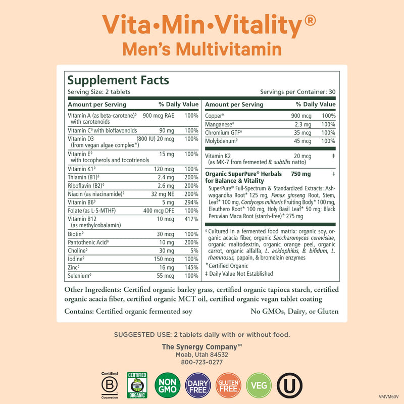 PURE SYNERGY Vita·Min·Vitality Multivitamin for Men (60 Tablets) | Men's Daily Multivitamin, Made with Organic Whole Foods, For Energy, Stress, & Immune Support