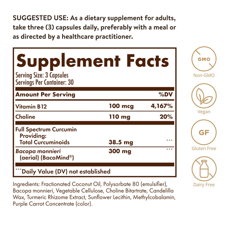 Solgar Full Spectrum Curcumin Brain Works, 90 Licaps, 30 Servings - Non-GMO | Support Memory Recall, Focus, Cognitive Function - Antioxidant Support - Curcumin, BacoMind, Choline, Vitamin B12, Vegan 1 Count (Pack of 1)