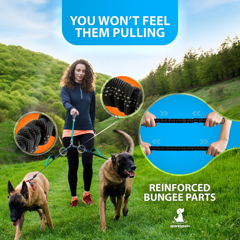 SparklyPets Double Dog Leash for 2 Dogs – Rope Bungee Dual Leash for Medium and Large Dogs with Padded Handles & Tangle Free (Teal, Medium/Large) Teal - BeesActive Australia