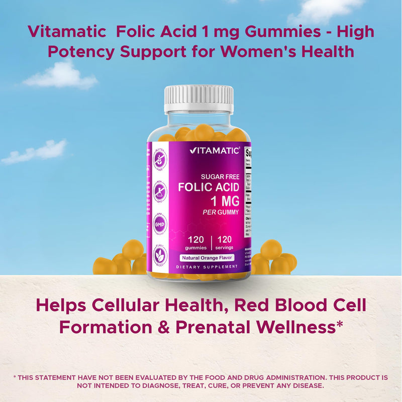 Vitamatic Sugar Free Folic Acid 1 mg Gummies 120 Count Orange Flavor-2 Pack | 1 mg Folic Acid, 1667 mcg DFE per gummy, Healthy cell growth, red blood cell formation, Gluten Free, Non GMO 60 Count (Pack of 2)