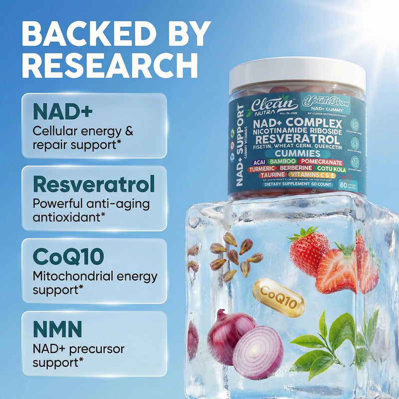 Youth Bloom NAD+ Supplement Gummies Resveratrol Fisetin Wheat Germ Berberine Taurine Turmeric Collagen Astaxanthin Nicotinamide Gotu Kola Pomegranate Vitamin C & E 60 Ct by Clean Nutra