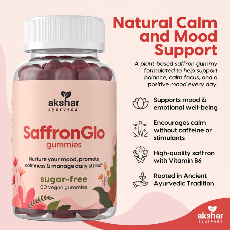 AKSHAR Ayurveda Saffron Gummies, Sugar-Free Vegan Mood & Focus Supplement | Safr'Inside® Extract with Vitamin B6, Supports Calm & Positive Outlook, Hormonal Balance for Women, All Ages, 60 Count 60 Count (Pack of 1)