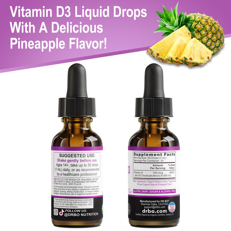 Vitamin D3 Liquid Drops Organic - Vegan VIT D Liquid Vitamin D for Adults & Kids Oil 4000 IU Vegan Organic D3 Drops Sublingual Supplement - Immune & Bone Health VIT Supplements, Non-GMO 30 Servings