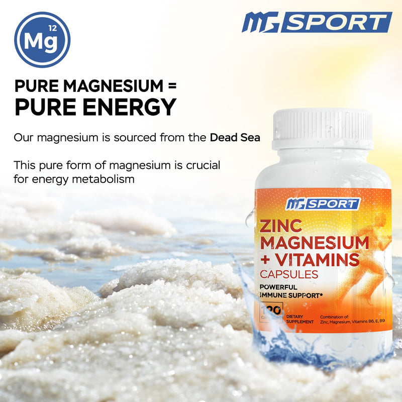 MgSport ZMA Supplement, 120 Capsules | Clinically Tested Zinc Magnesium, High Absorption, Enhanced with Vitamins B6 B9, Muscle Recovery, Gentle on Stomach Formula