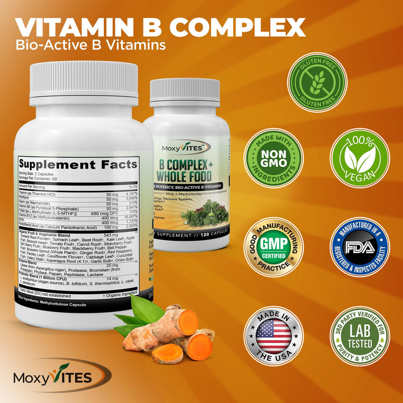 MoxyVites Vitamin B Complex - B Vitamins Whole Food Supplement, B12 Methylcobalamin, B1, B2, B3, B5, B6, B7, B9 - for Stress, Energy and Immune Support, Vegan, 120 Capsules 120 Count (Pack of 1)