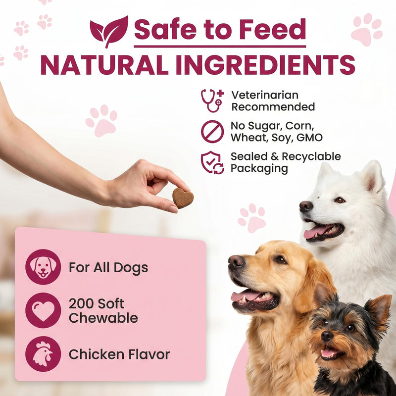 Dog Multivitamin Chewable Tablets (200 Count) – 24 in 1 Chicken Flavor Daily Dog Supplements & Vitamins with Glucosamine, Pumpkin, Krill Oil, Chondroitin, Probiotics & Omega-3 for Dogs of All Ages