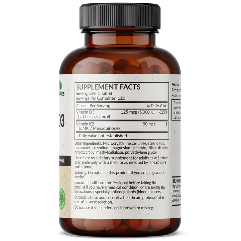 Futurebiotics Vitamin K2 with D3, 2 in 1 Support, 5000 IU Vitamin D3 & 90 mcg Vitamin K2 MK-7 Non-GMO, 120 Tablets 120 Count (Pack of 1)