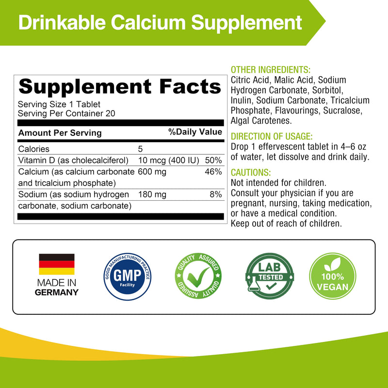 LOVITA Calcium + Vitamin D3 Effervescent Tablets, 20 Count, Pack of 6 | Six-Tube Value Pack, 600 mg Calcium & 400 IU Vitamin D3 for Bone & Muscle Support, Lemon Flavor, Vegan, Sugar-Free 20 Count (Pack of 6)