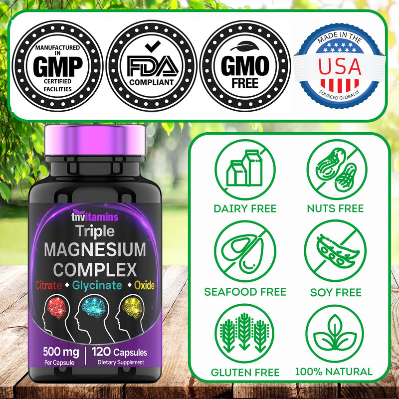 Triple Magnesium Complex Supplement 500mg: Magnesium Glycinate, Citrate, & Oxide - 120 Capsules (4 Month Supply!) | 1 Capsule Serving Provides 125% Daily Value | Non-GMO, Made in the USA!