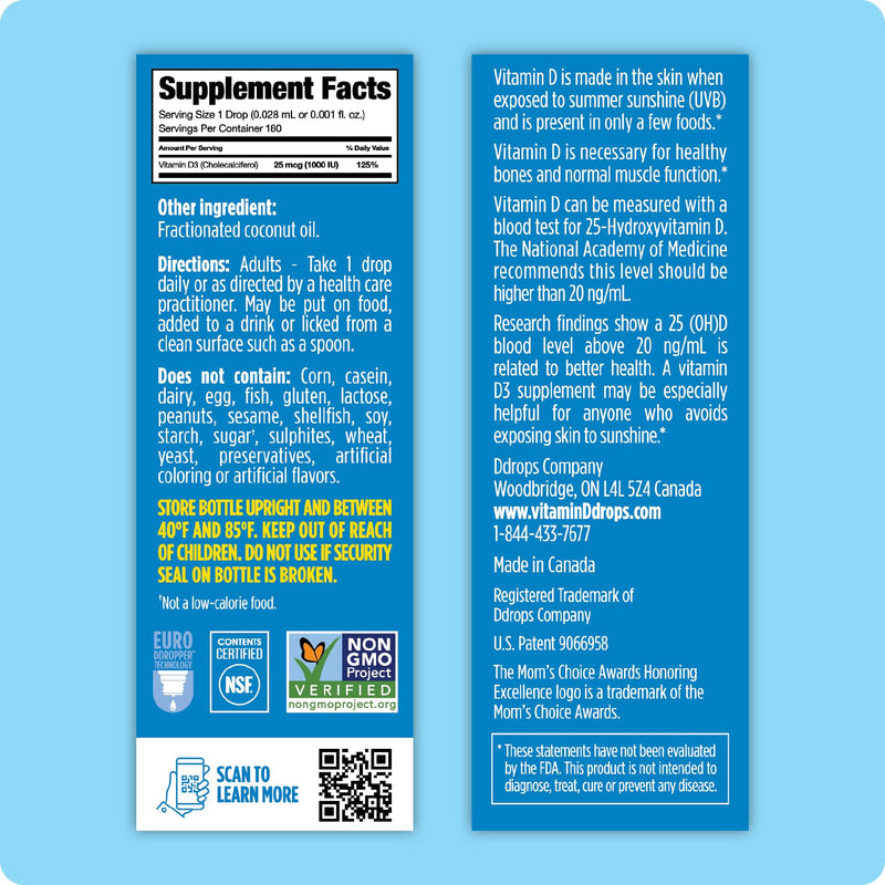 Ddrops Adults 1000 IU 180 Drops, Liquid Vitamin D. Supports Strong Bones & Immune System. No Large Capsules, No Preservatives, Non-GMO, Allergy-Friendly 0.17 Fl Oz (Pack of 1)