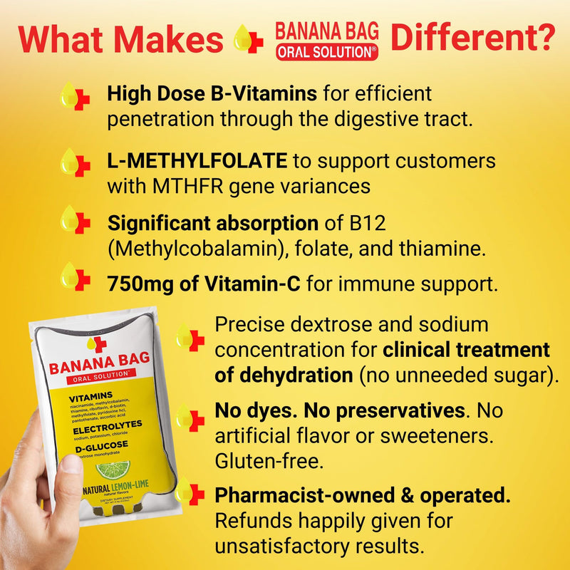 Banana Bag Electrolytes Vitamin Powder Hydration Drink Mix, Lemon Lime 15Pk | IV-level hydration powder packets w/ Electrolytes + Vitamin C & B-complex. Fast rehydration after exercise & alcohol recovery 15-Pack