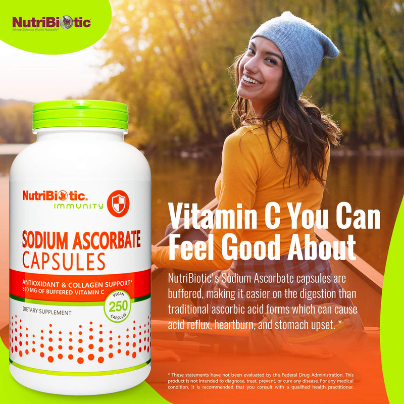 NutriBiotic - Sodium Ascorbate Buffered Vitamin C Capsules, 250 Ct | Vegan, Non-Acidic & Easier on Digestion Than Ascorbic Acid | Essential Immune Support & Antioxidant Supplement | Gluten & GMO Free Unflavored 250 Count (Pack of 1)