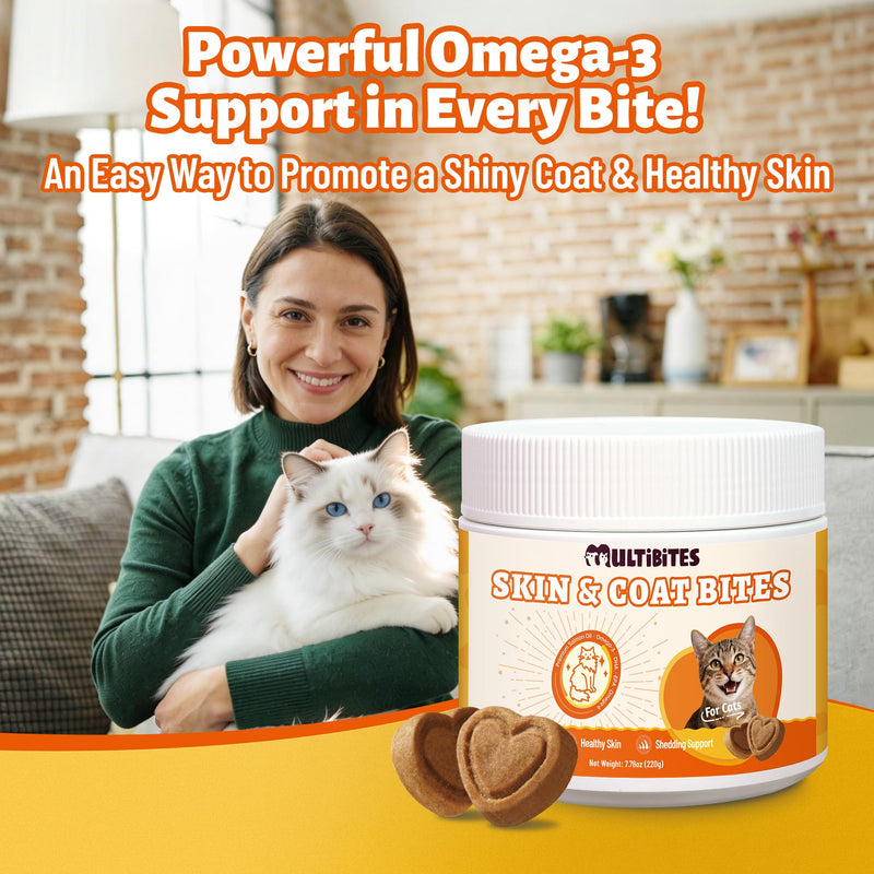MUITIBITES 7.76 oz Skin & Coat Bites for Cats - with Omega 3, Omega 6 from Salmon Oil for Cats,Cat Vitamin E, Biotin - Supports Cat Skin Care,Anti Shed & Allergy Relief - Cats Skin and Coat Supplement