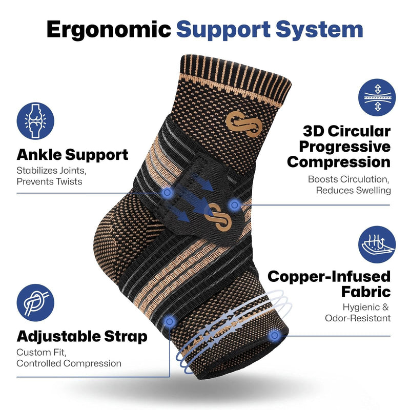 PAPLUS Ankle Brace for Women & Men, Copper Infused Compression Sleeve for Plantar Fasciitis Relief, Achilles Tendonitis Brace with Ankle Support for Sprained, Foot Pain, Sports Recovery X-Large