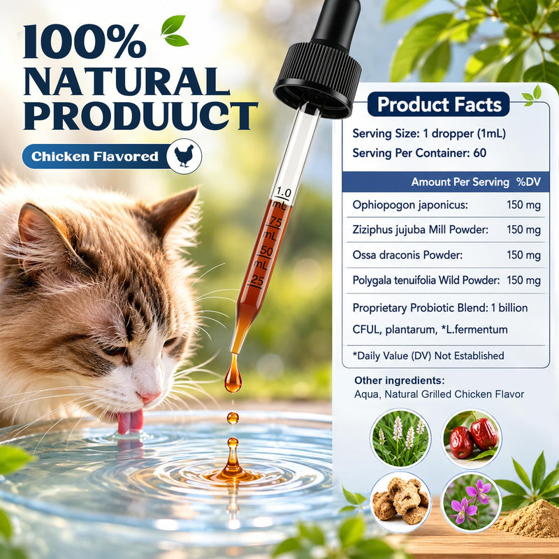 Calming Drops for Cats, Chicken Flavored Cat Calming Treats, Helps to Manage Stress & Anxiety, Natural Plant-Based Ingredients, Rapid Absorption, 60ml